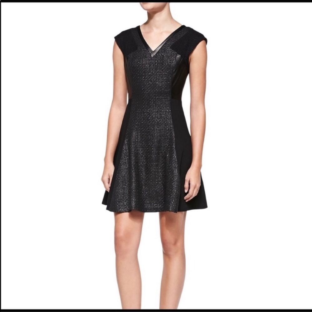 Rebecca Taylor black tweed and leather fit to flare dress size 8